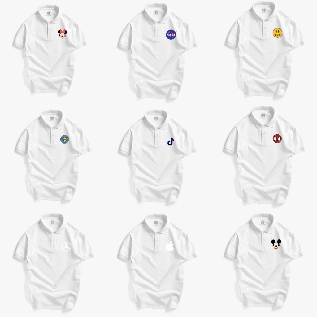 Áo POLO nam nữ màu TRẮNG trơn in decal logo Apple, tik tok, chuột MICKEY, DREW, SUPERMAN, NASA, SPIDERMAN