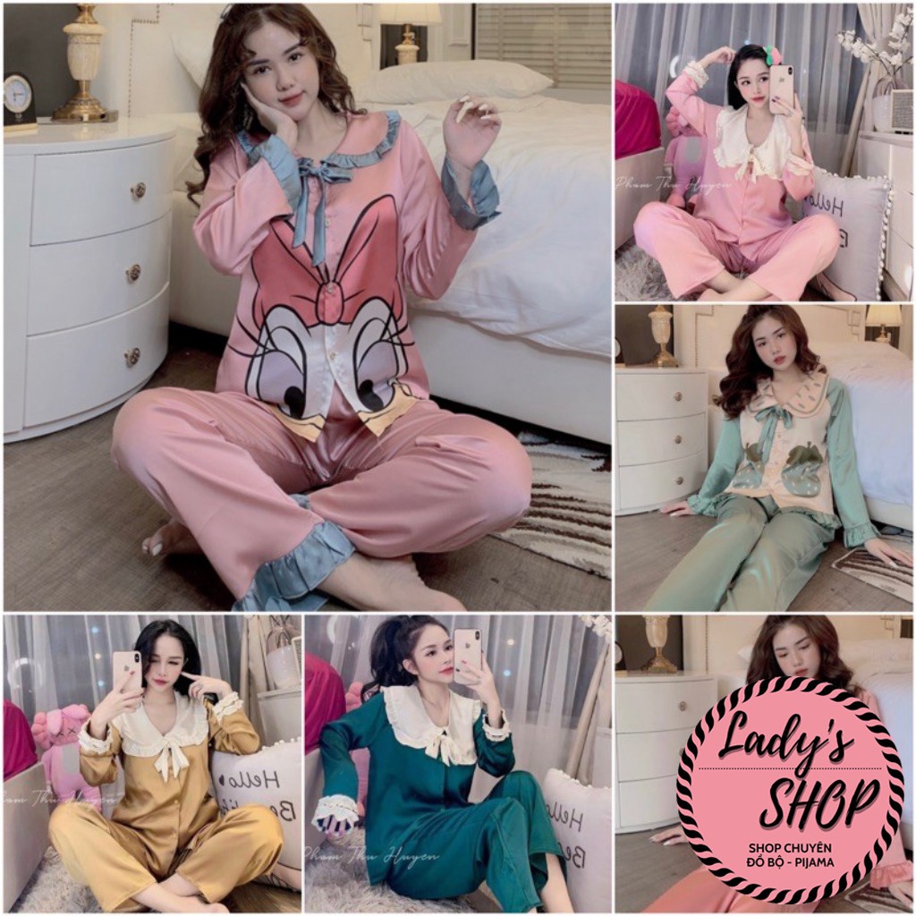 Bộ lụa Pijama - Bộ Lụa Tay Dài Tiểu Thư Cổ Phối Bèo Nơ