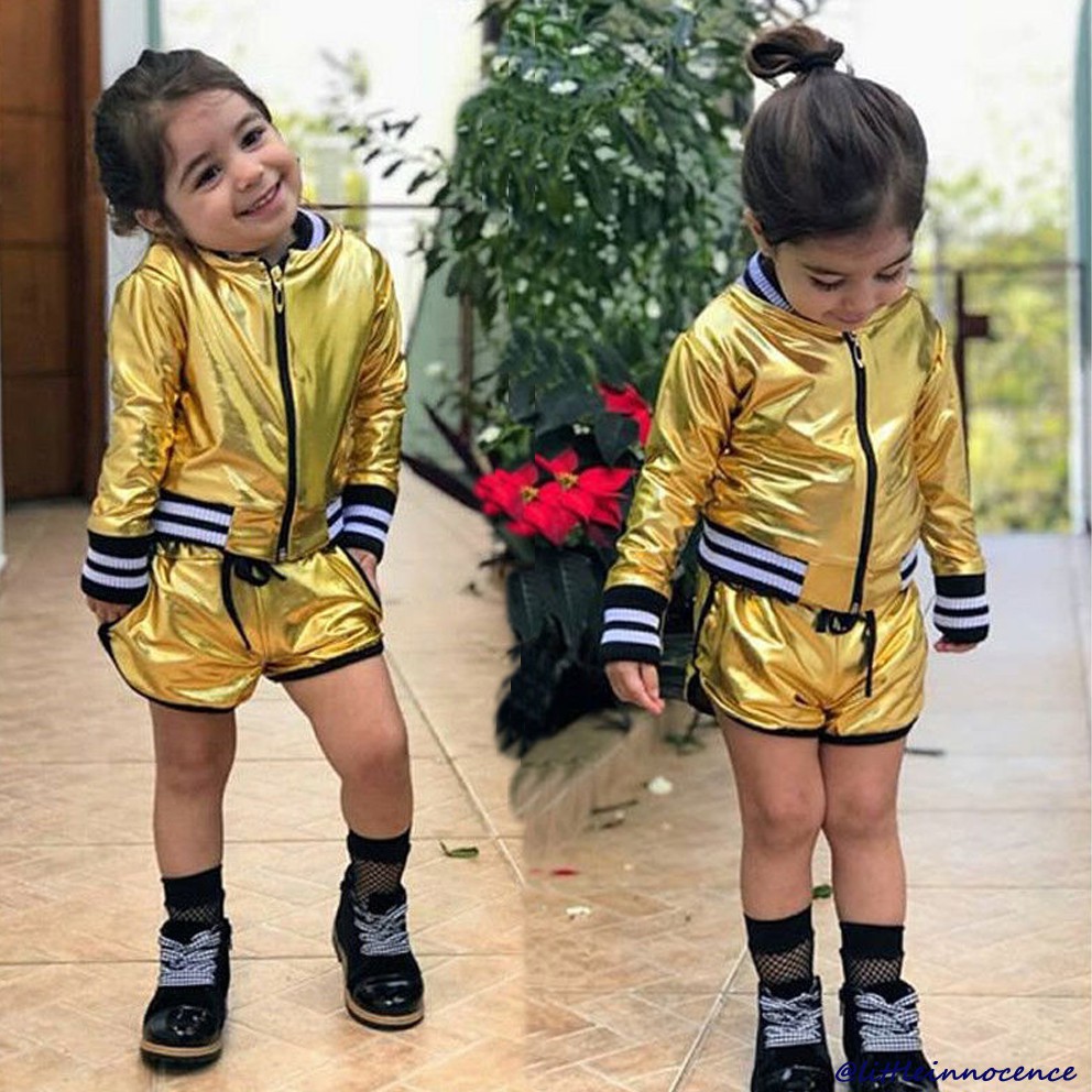 ❤XZQ-Baby Little Girls Fashion Cool Autumn Party Casual Bling Bling Cardigan Long Sleeve Coat Short Pants Outfits Set