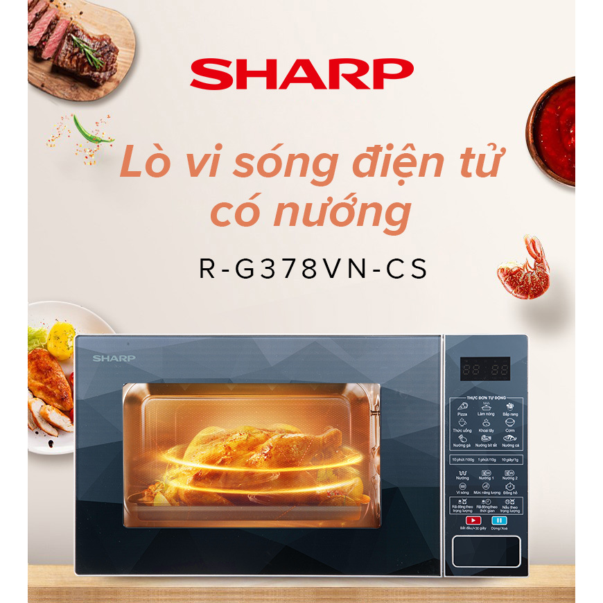 Lò Vi Sóng Điện Tử Có Nướng 23 Lít Sharp R-G378VN-CS, Bảng Điều Khiển Tiếng Việt, 9 Thực Đơn Tự Nấu