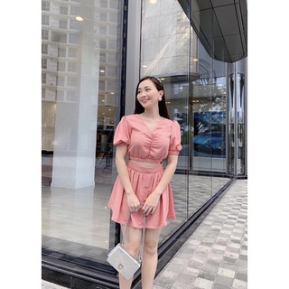 Quần váy bọc nút + áo crop bo chun