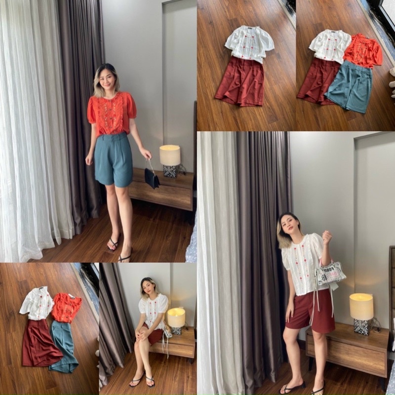 Quần short nữ dáng Bermuda trên gối . Hình cận vải shop chụp thật