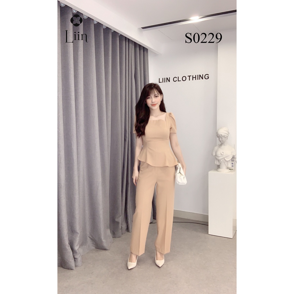 Set đồ bộ nữ cao cấp màu Be Áo Peplum kết hợp quần suông thời thượng Liin Clothing S0229