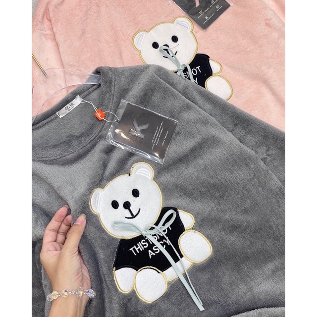 Set quần áo nhung thêu gấu - quần áo nhung nỉ mặc ở nhà - Quần bomer nhung | BigBuy360 - bigbuy360.vn