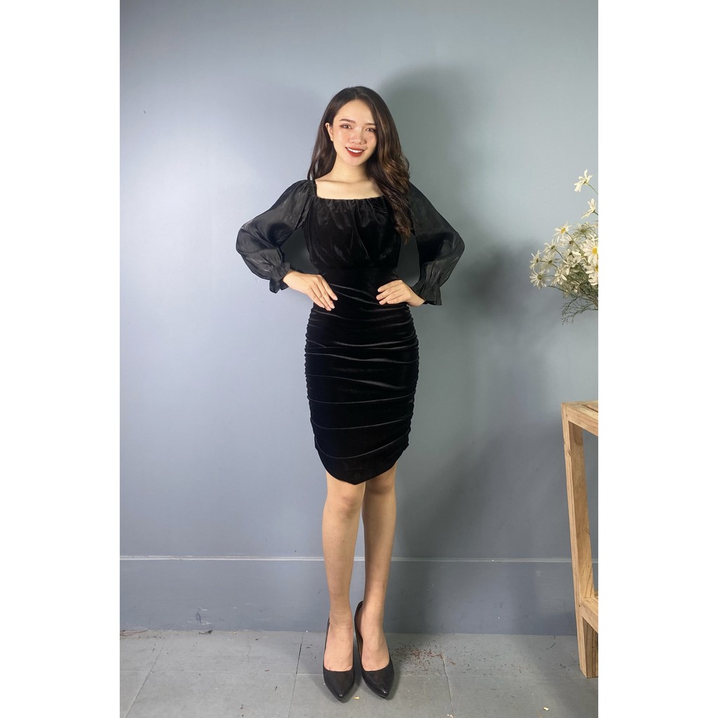 (Sẵn) Đầm nhung cổ vuông body - Váy cách tân tay voan ( có ảnh thật ) | BigBuy360 - bigbuy360.vn