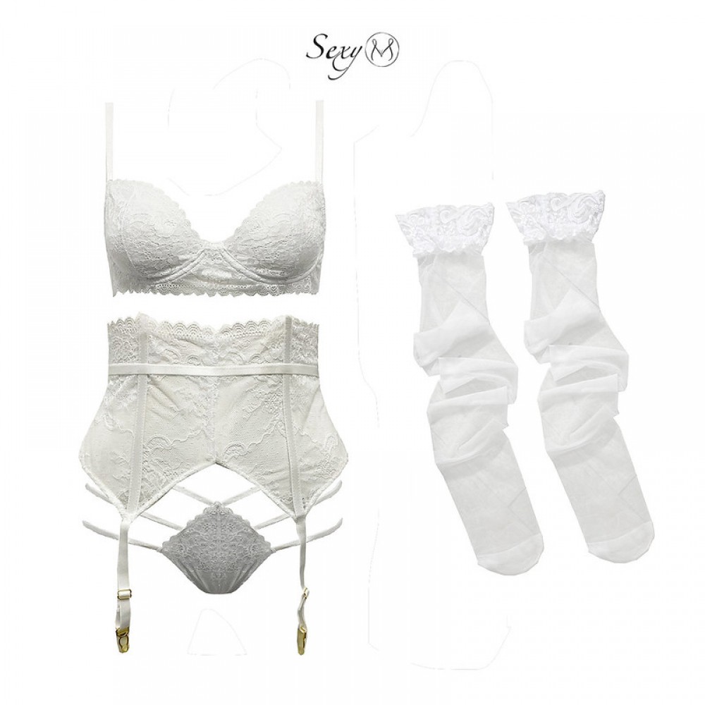 Set đồ áo lót quần lót và kẹp tất ren Flander trắng FULL SET FLANDER WHITE SA117W Sexy M