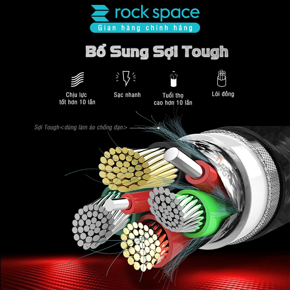 Cáp sạc nhanh cho iphone Rockspace Z8 dây dù,màu đen,đỏ,sạc nhanh,siêu bền,hàng bảo hành 1 năm