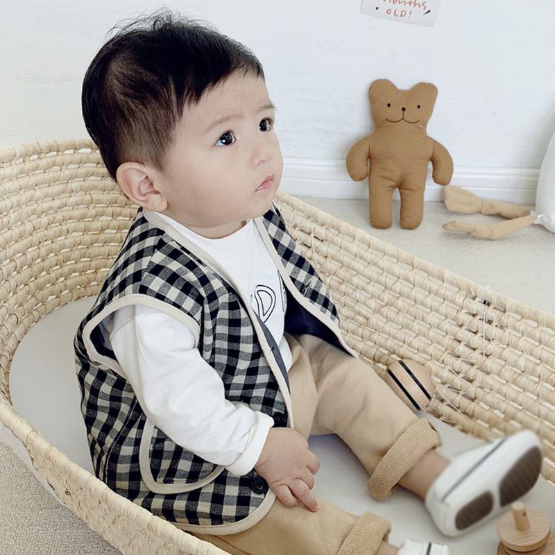 Áo ghi lê Cardigan không tay vải lông cừu cotton họa tiết kẻ sọc cổ chữ V ấm áp thời trang cho bé