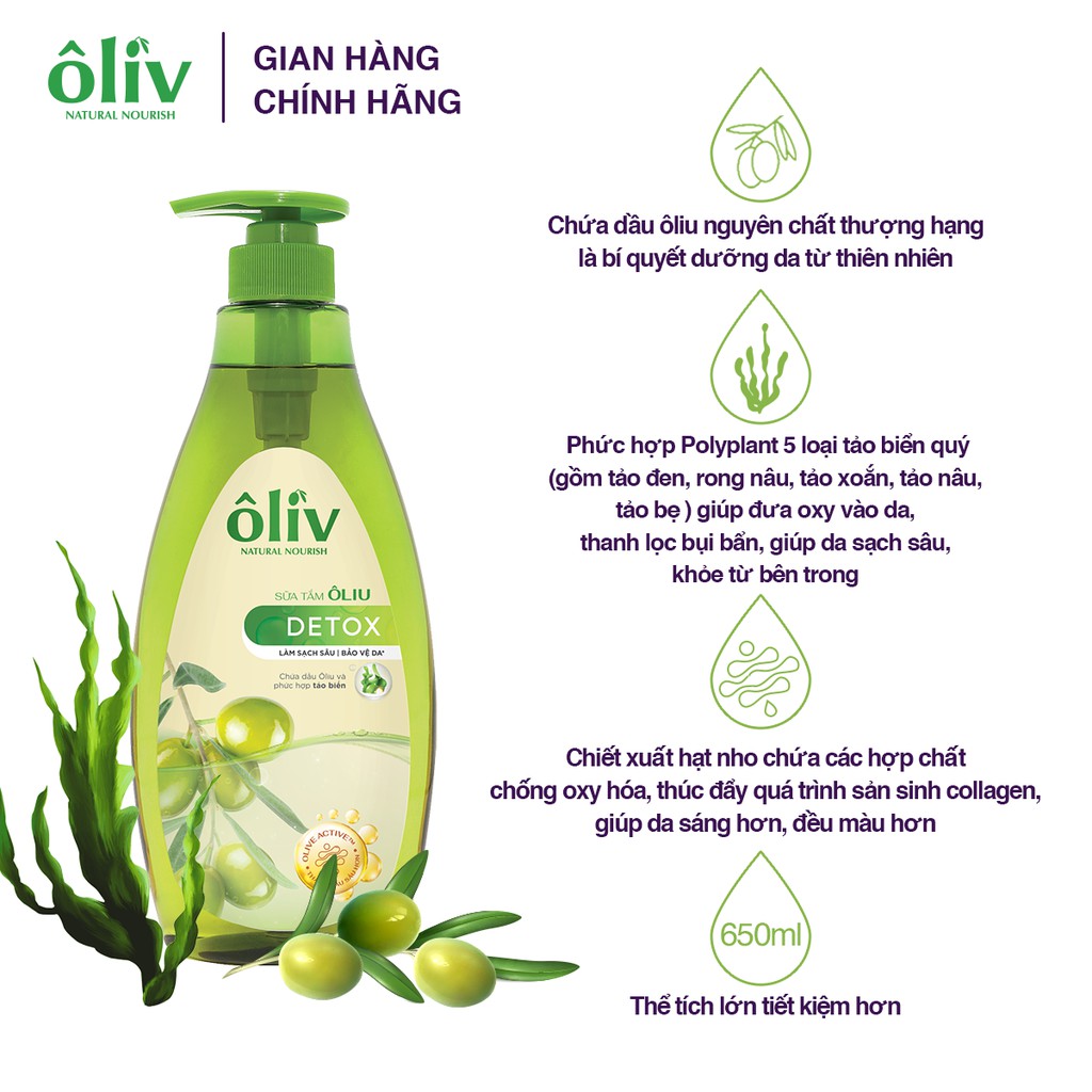 Combo Sữa Tắm Ôliv Detox 650ml + Sữa Dưỡng Ẩm Ôliv Sáng Da 200ml