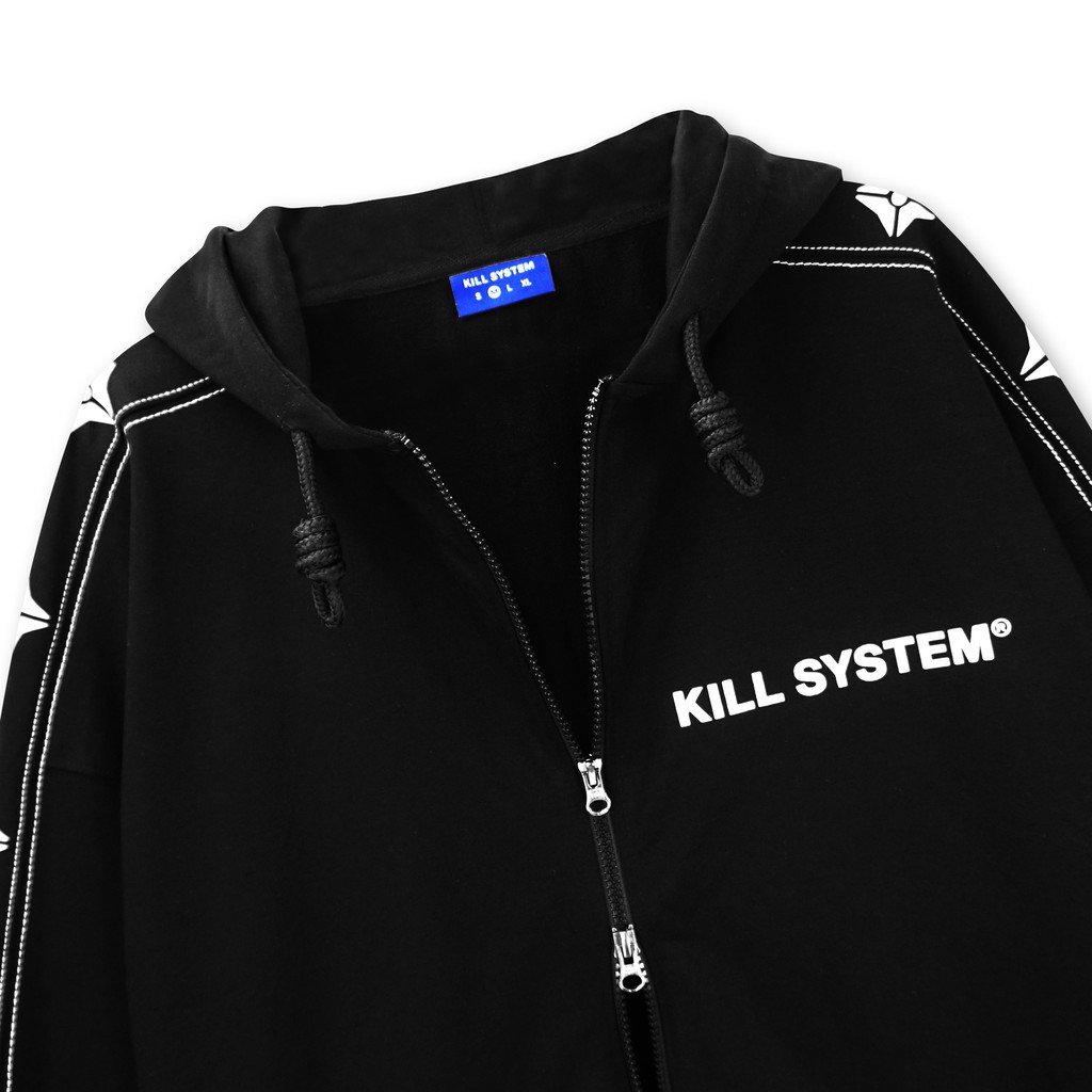 Áo khoác hoodie zip Kill System line oversize có nón nam nữ, vải chân cua, 2 màu đen trắng unisex