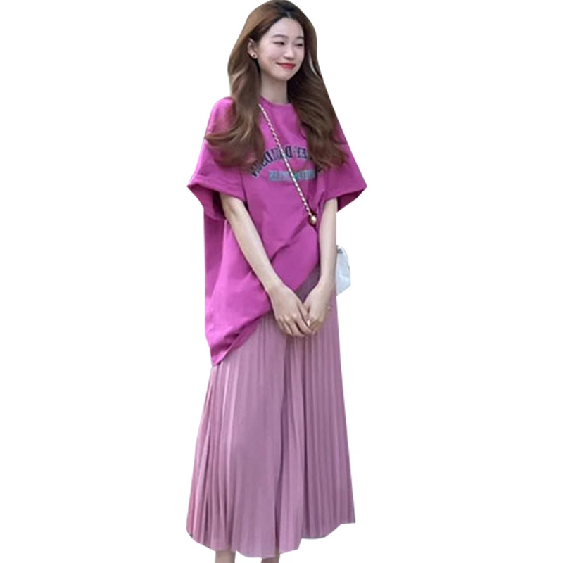 Chân váy MORAN màu hồng tím xòe dài xếp ly vintage Hàn Quốc + áo thun cộc tay màu hồng