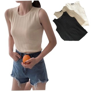 Áo không tay kẻ sọc cổ tròn màu trơn dáng ôm dễ phối đồ thời trang mùa hè phong cách Hàn Quốc cho nữ