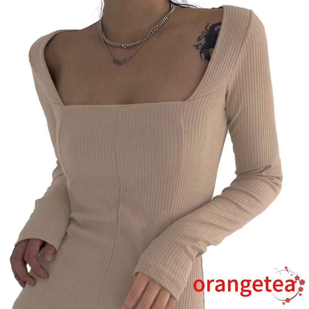 Đầm Tay Dài Cổ Vuông Xẻ Tà Màu Trơn Thời Trang Cho Nữ
