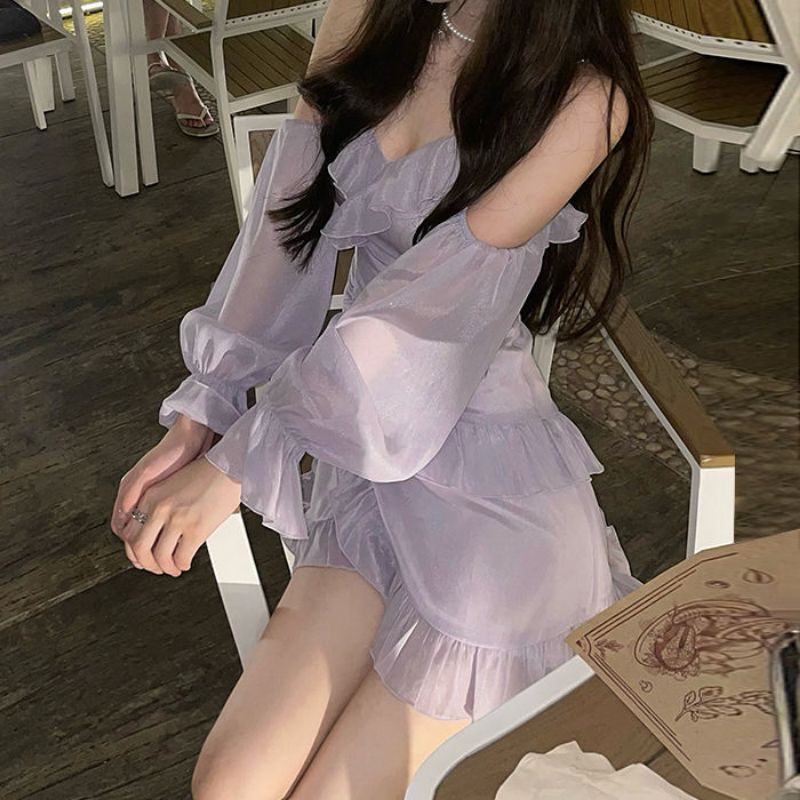 Đầm tím trễ vai xếp li ulzzang order