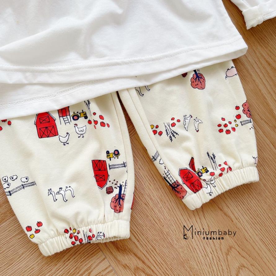 Bộ đồ dài tay quần dài thu đông in ngôi nhà, gà cho bé gái chất liệu 100% cotton, quần áo trẻ em MiniumBaby-SB1303