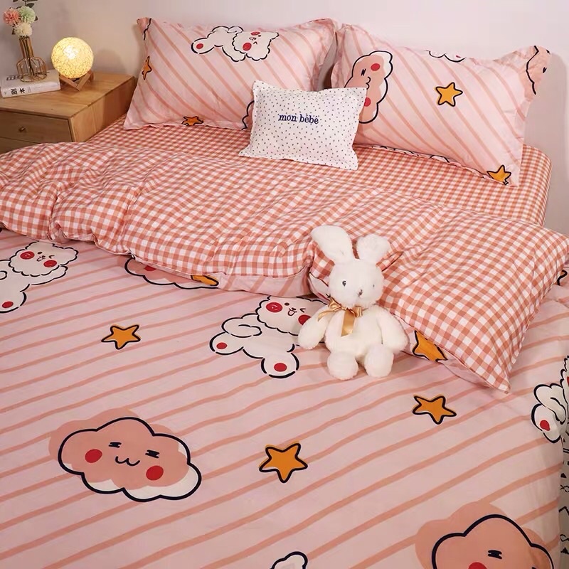 Set Chăn Ga Thỏ Mây Nền Hồng Cam Cotton Poly Thoáng Mát Hàng Xuất Nhật