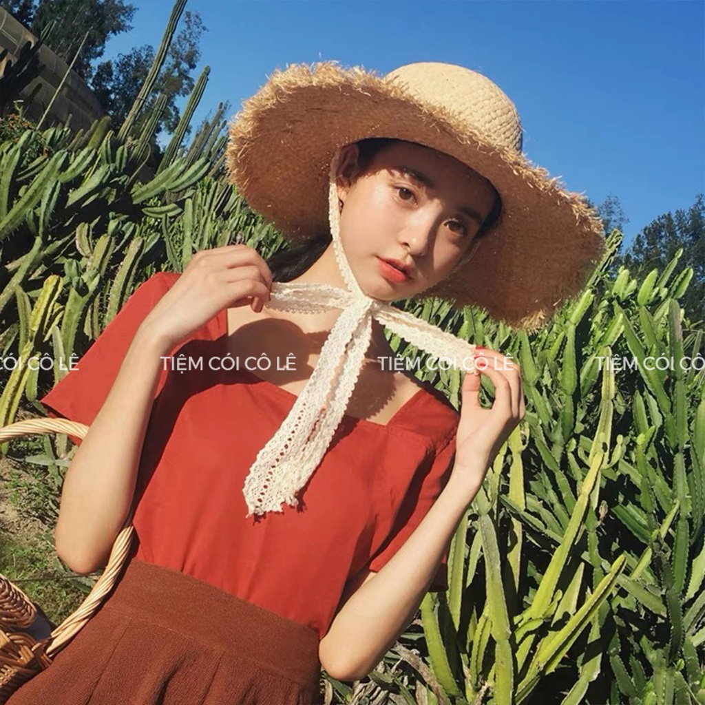 Mũ cói vành tua rua phối quai ren xinh xắn cho bạn gái đi biển, chụp ảnh - Tiệm Cói Cô Lê