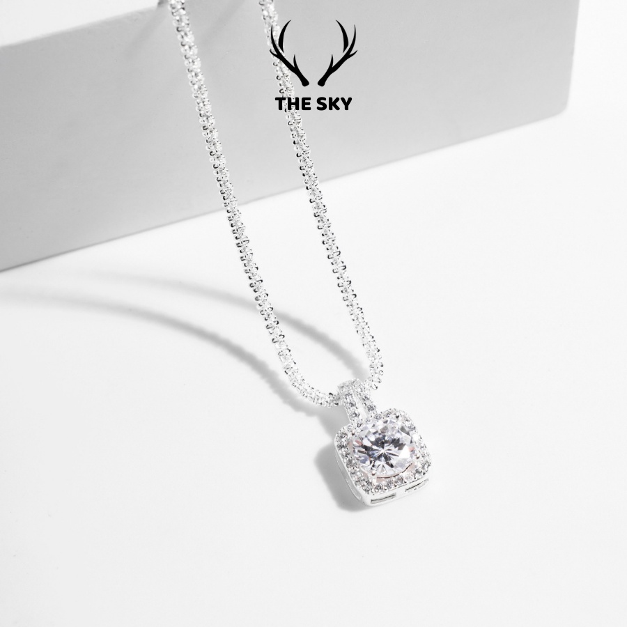 Dây chuyền bạc DC1012 thiết kế dạng xoắn lấp lánh tự nhiên kèm mặt vuông đính đá nổi bật, vòng cổ nữ THE SKY hot trend