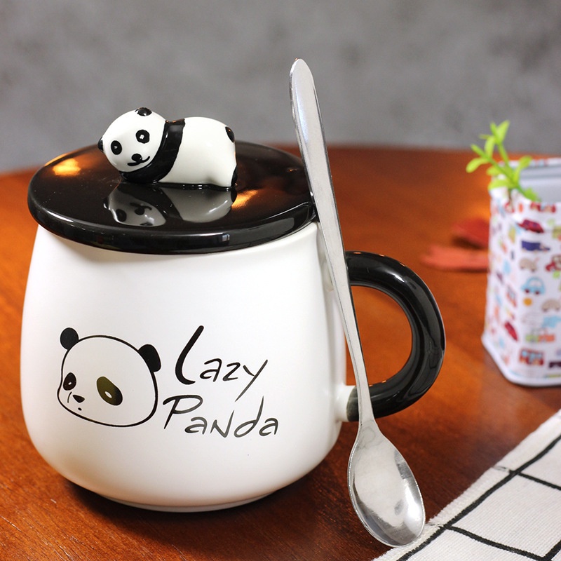 LY CỐC SỨ CẶP ĐÔI CÓ NẮP HÌNH GẤU PANDA CỰC NGỖ NGHĨNH 400ML KÈM THÌA XINH XẮN