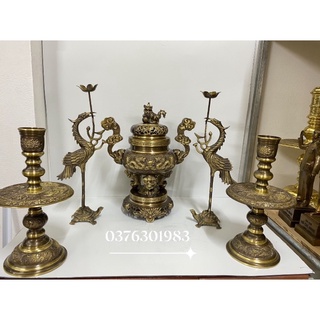 Bộ Đỉnh lư thờ bằng đồng nguyên chất cao 40cm bộ đỉnh Tam sự ngũ sự đỉnh hạc nến