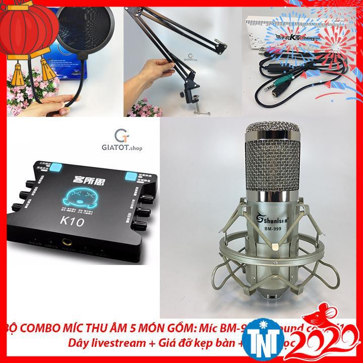 Bộ míc thu âm cao cấp BM999 + sound card K10 + dây livestream + Kẹp đỡ để bàn và màng lọc