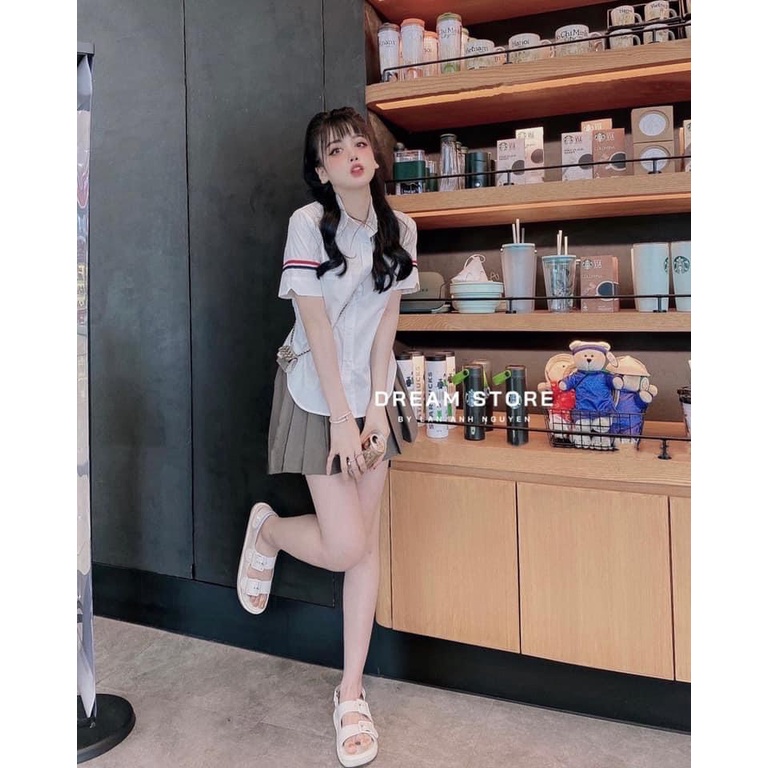 Set Trang Phục Nữ Áo Sơ Mi Tay Cộc + Chân Váy Xòe Xếp Ly Năng Động