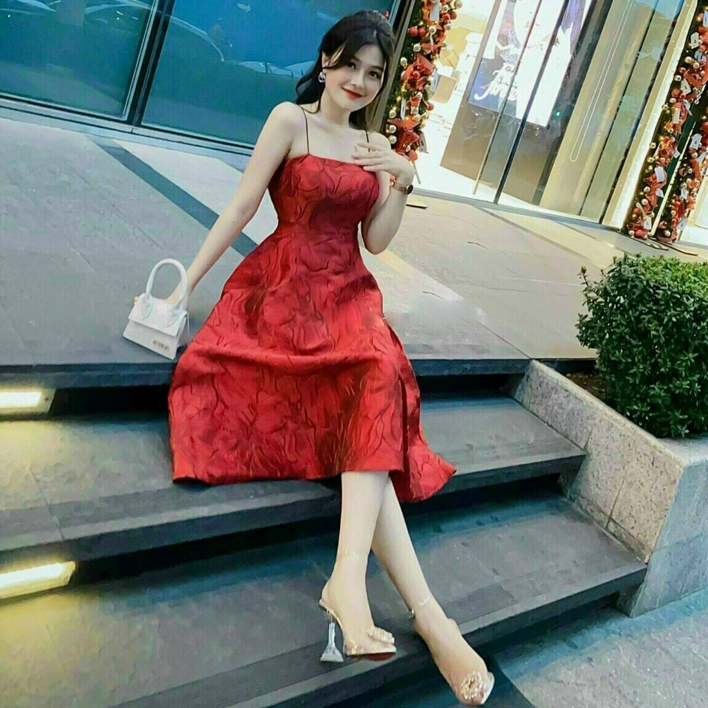ĐẦM VÁY XÒE hai dây 2s dự tiệc đầm gấm tiểu thư sang chảnh
