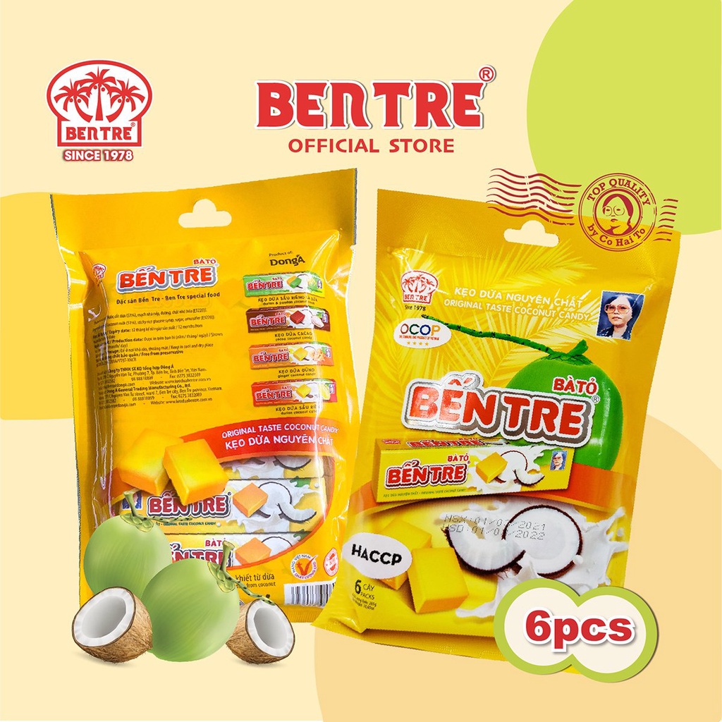 Kẹo dừa Bến Tre Hai Tỏ vị Béo Nguyên Chất (Túi 6 Thanh)