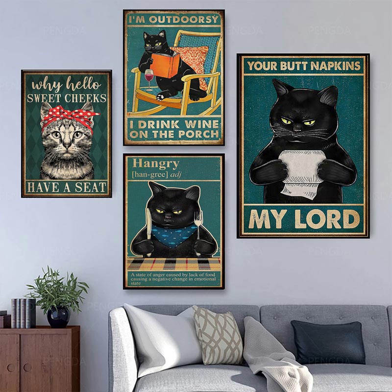Tinh Thần Mèo Đen Áp Phích Khăn Ăn My Lord Art In Vintage Hello Sweet Cheeks Ngộ nghĩnh Phòng Tắm Canvas Tranh Trang Trí Nhà