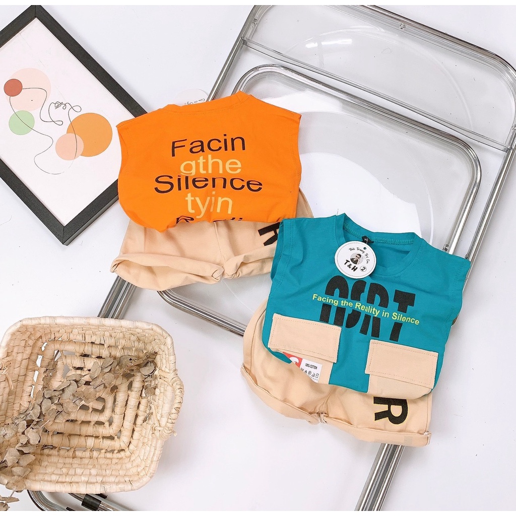 Bộ ba lỗ cotton bé trai in nhiệt màu sắc đáng yêu