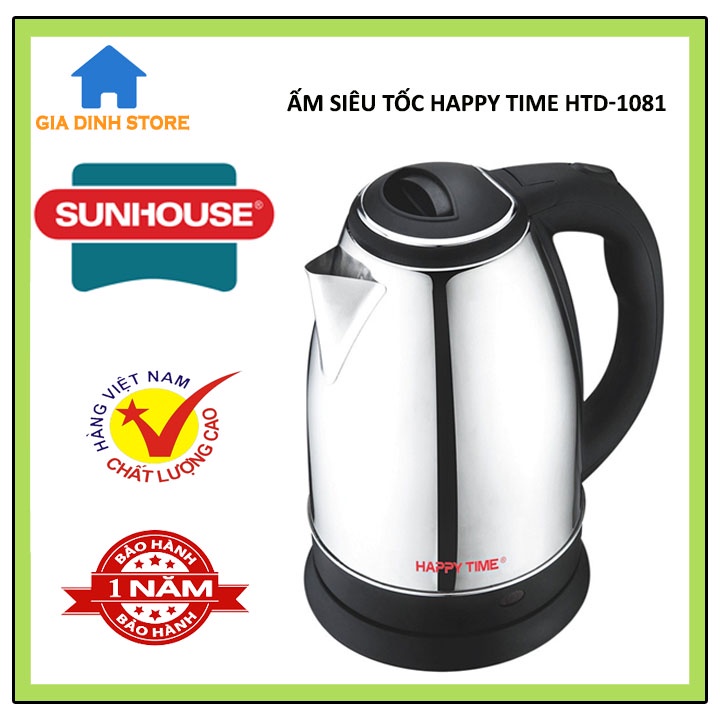 Ấm siêu tốc SUNHOUSE HappyTime HTD1081/ 1.8L,công suất lớn đun nước siêu nhanh, inox 304 bền bỉ sáng bóng