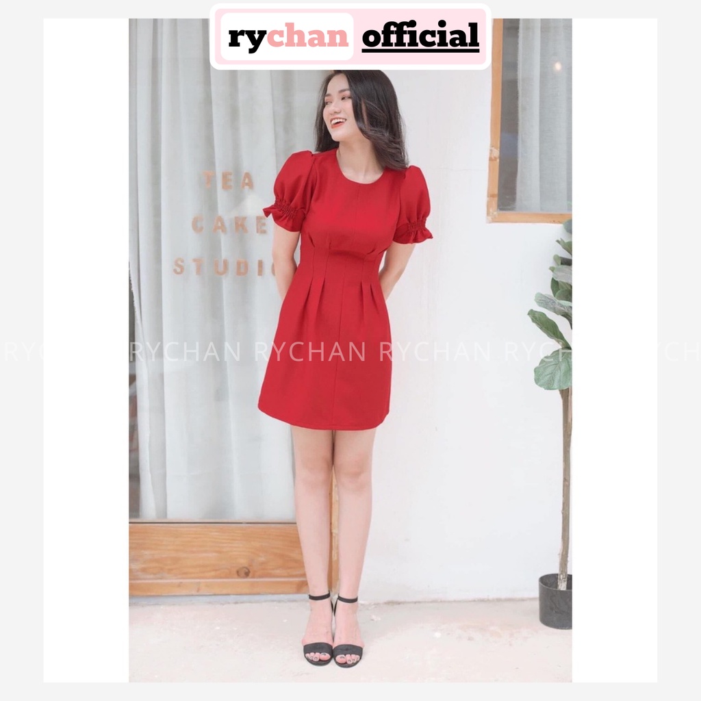 Đầm Trơn Xòe Chít Eo Tay Bo 4 Màu Đen Hồng Vàng Đỏ - DX870