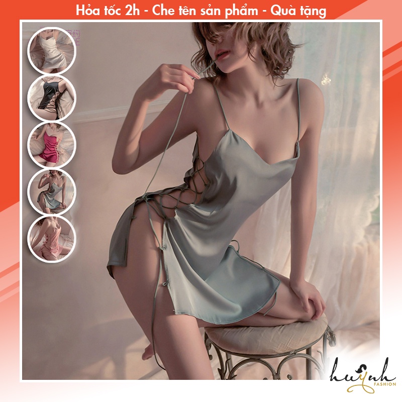 Váy Ngủ Lụa Hai Dây Hở Sườn Kiểu Tà Trước Sau Dây Đan Hông Gợi Cảm - N56
