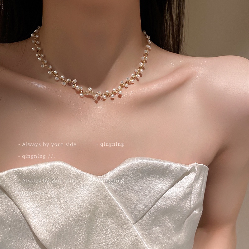 Vòng Cổ Đính Ngọc Trai Pha Lê Phong Cách Mới Hàn Quốc