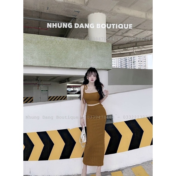 Set Đầm Gân Đũa Maxi Áo Dây CRT Cột Vai Kèm Chân Váy Dài Ôm