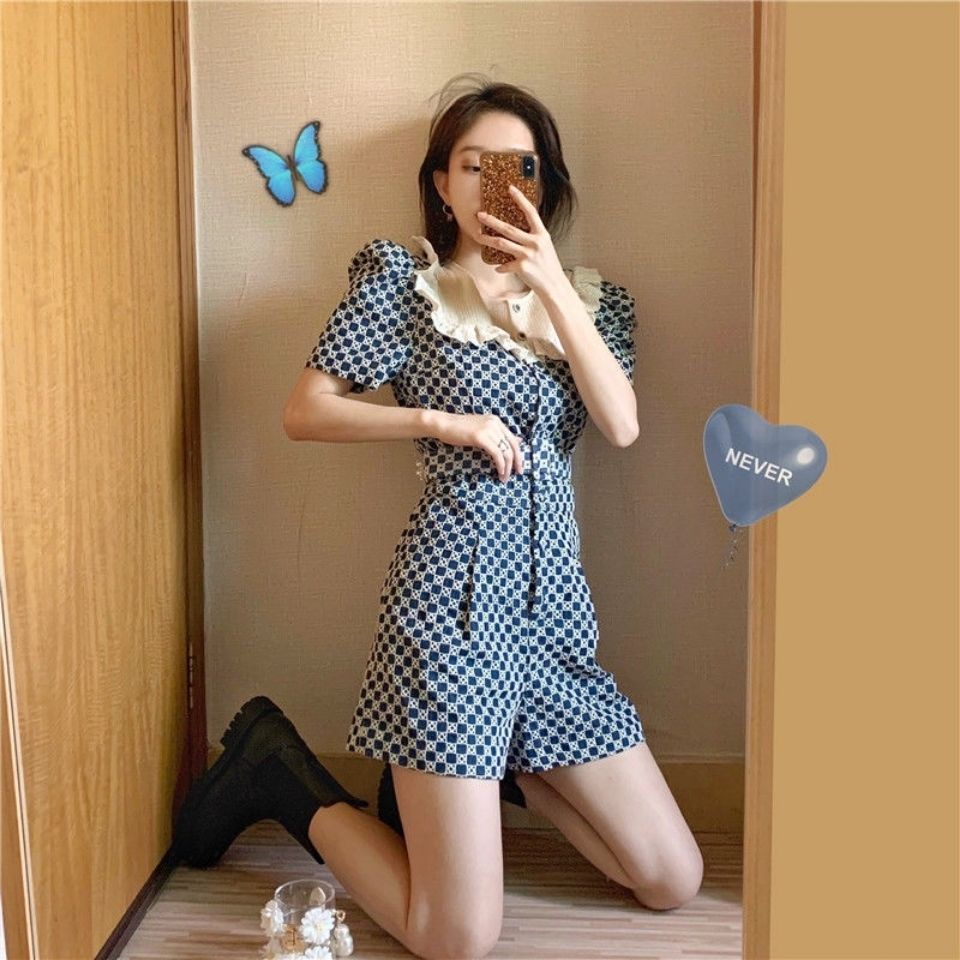 Jumpsuit Ngắn Họa Tiết Sọc Caro Phong Cách Retro Pháp Thời Trang Mùa Hè Cho Nữ