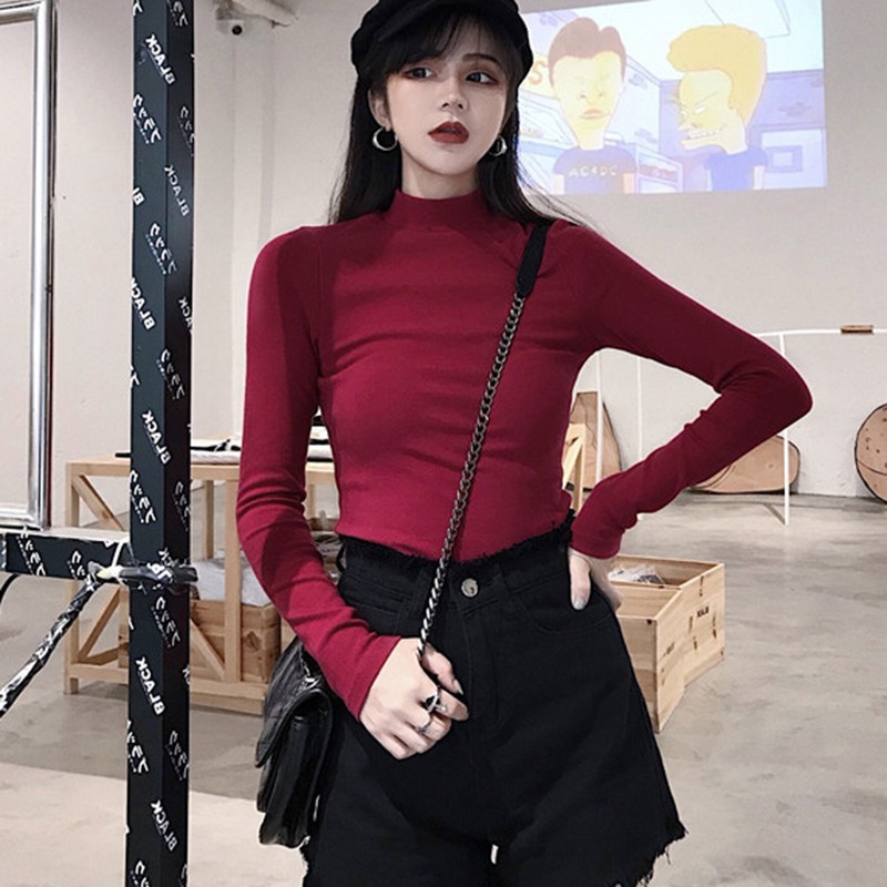 Áo thun dài tay cổ lọ màu trơn đơn giản phong cách Hàn Quốc