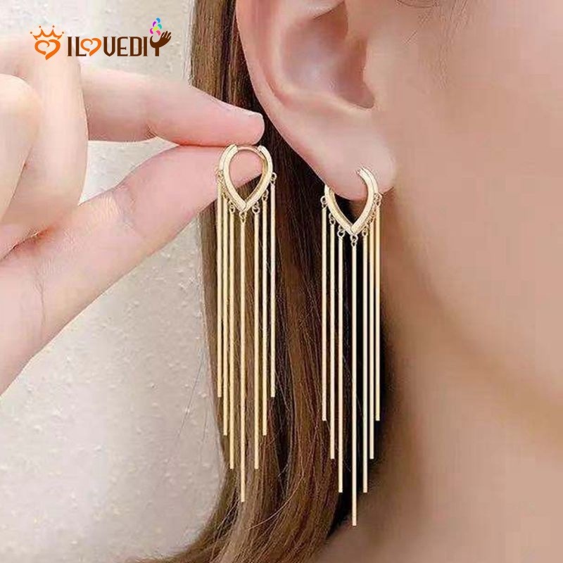 1 Đôi Bông Tai Dáng Dài Hình Trái Tim Phối Tua Rua Kiểu Hàn Quốc Cổ Điển Cho Nữ