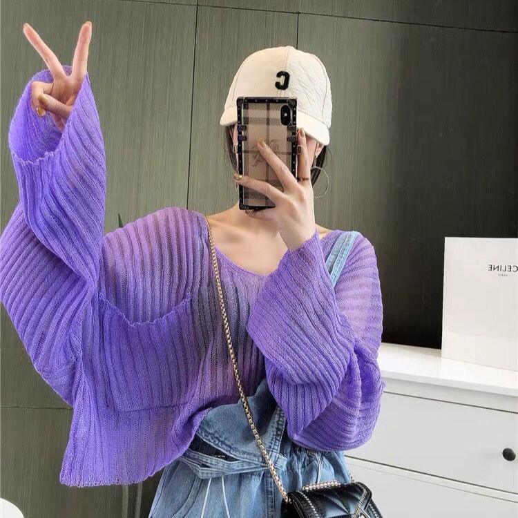 Jiashucheng Áo Sơ Mi Dệt Kim Tay Dài Cổ Chữ V Vải Lụa Lạnh Mỏng Chống Nắng Mùa Hè Phong Cách Mới Cho Nữ