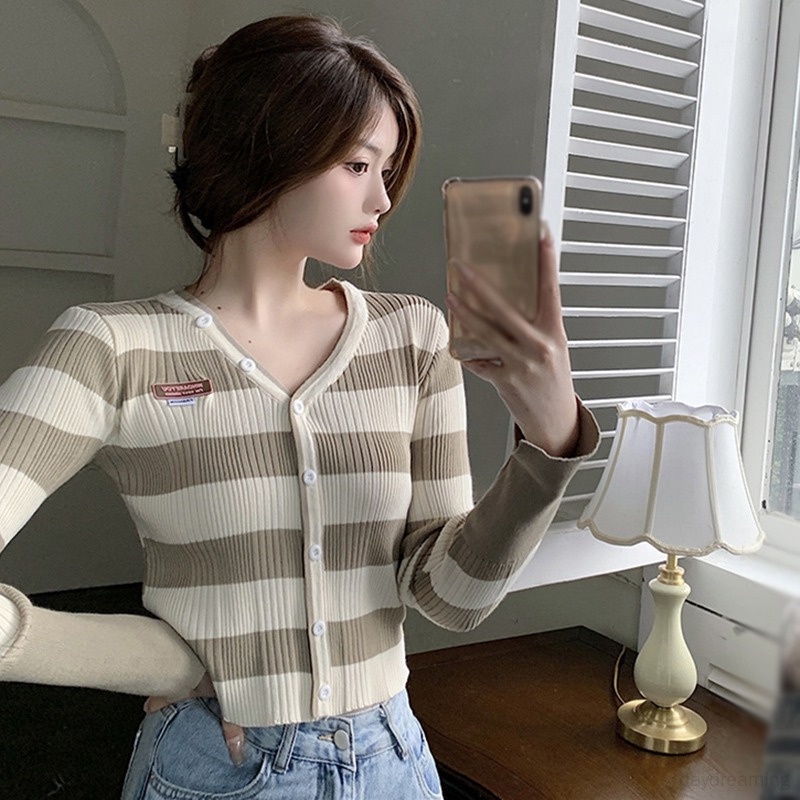 Áo Khoác Cardigan Tay Dài Cổ Chữ V Hoạ Tiết Kẻ Sọc Cho Phái Nữ