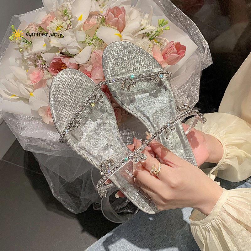 Dép Sandal Cao Gót Hở Ngón Đính Đá Phong Cách Pháp Mẫu Mới 2022 Thời Trang Mùa Hè Cho Nữ