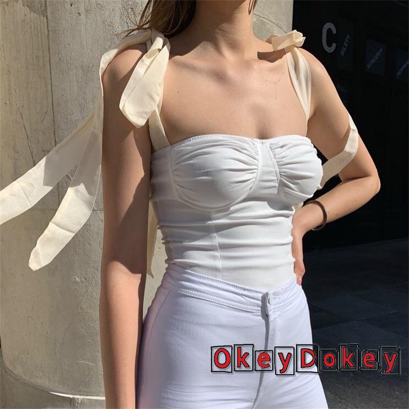 Áo Croptop Không Tay Hở Lưng Ôm Dáng Phối Dây Cột Nơ Gợi Cảm Cho Nữ