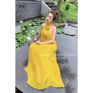 Đầm maxi cổ yếm dập ly