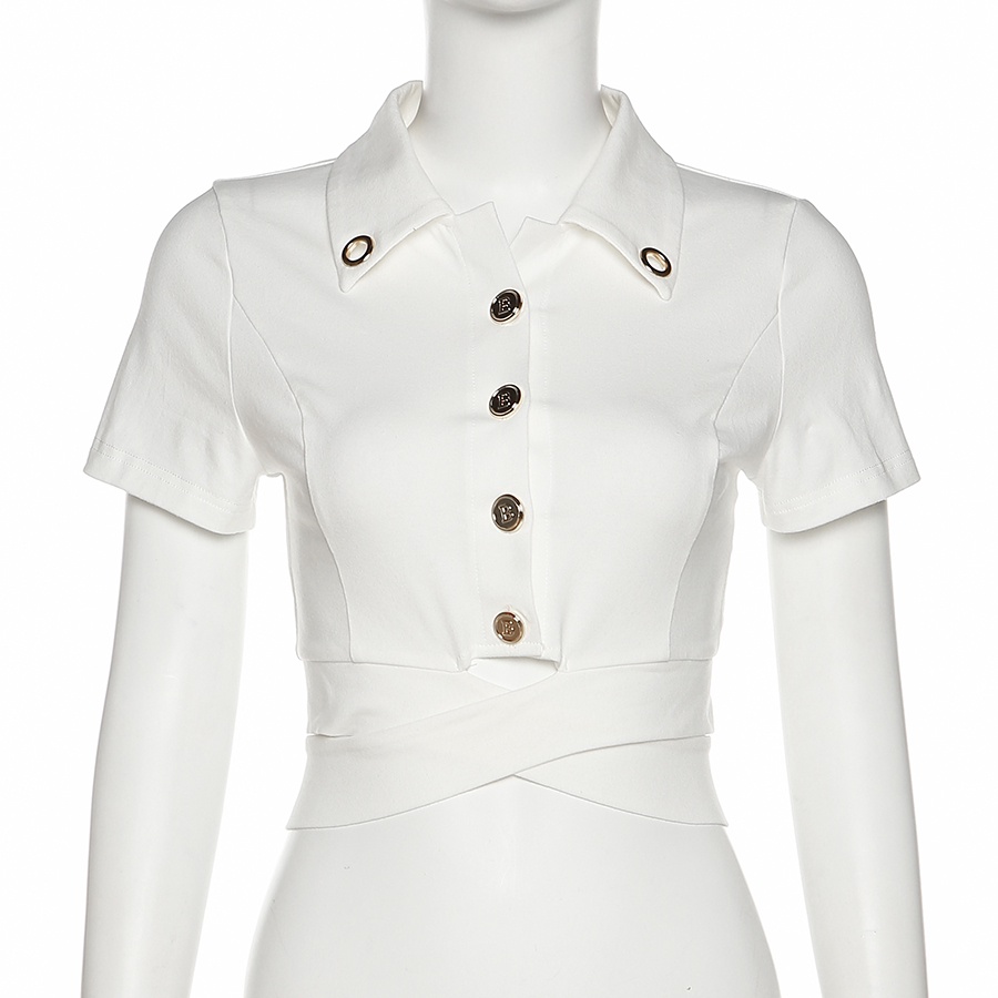 Kliou 2022 Mới vào mùa hè Áo thun croptop KLIOU tay ngắn dáng ôm cài nút kim loại thời trang mùa hè cá tính dành cho nữ