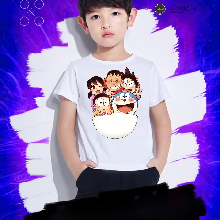 Áo thun cho bé tay ngắn vải cotton màu trắng Hạ Băng Designs - Doraemon