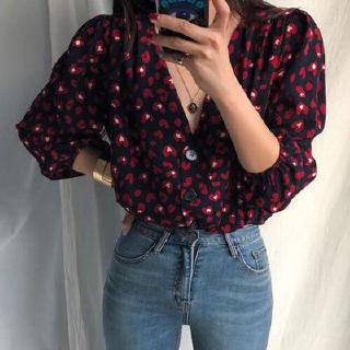 Áo Sơ Mi Tay Dài Cổ Chữ V Họa Tiết Hoa Phong Cách Retro