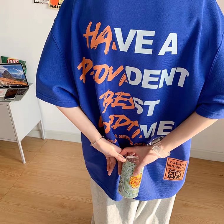 Áo Thun Tay Ngắn In Chữ Klein Màu Xanh Dương Phong Cách retro Dành Cho Nam Và Nữ