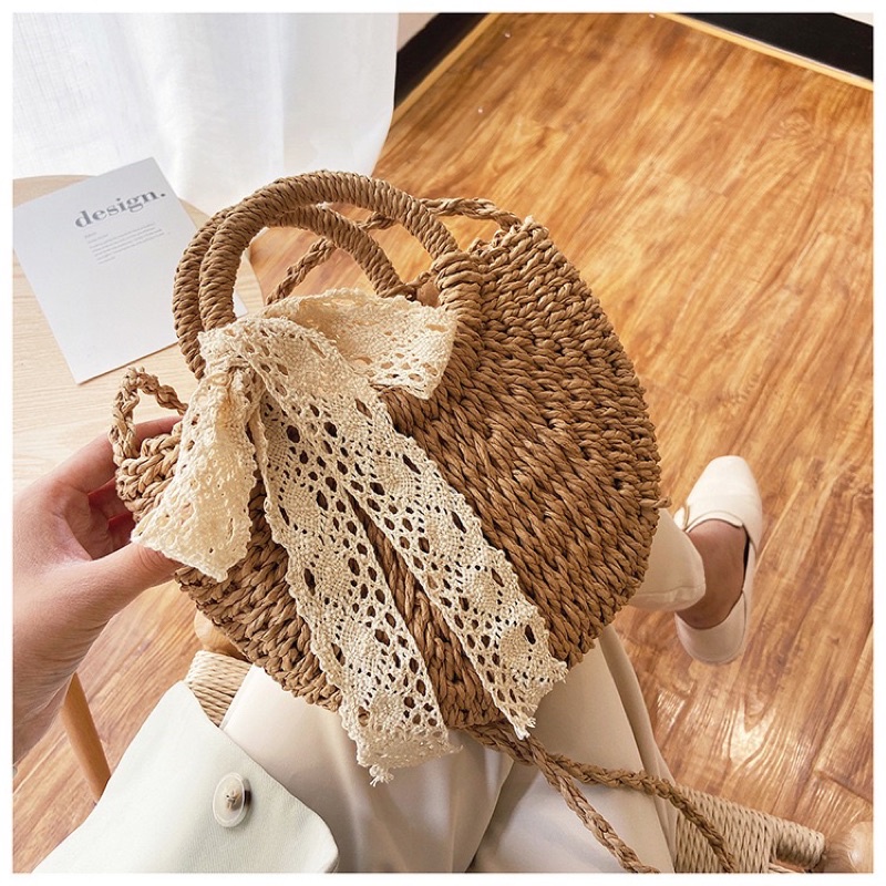 Túi Cói Bán Nguyệt Nơ Xinh Vintage