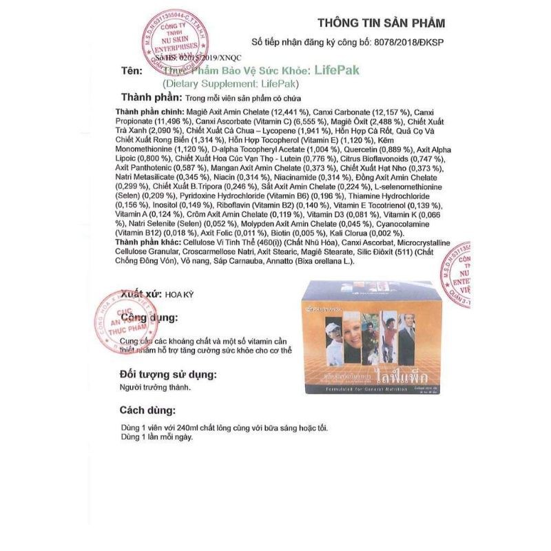 Lifepak Nuskin viên uống dinh dưỡng chống lão hóa