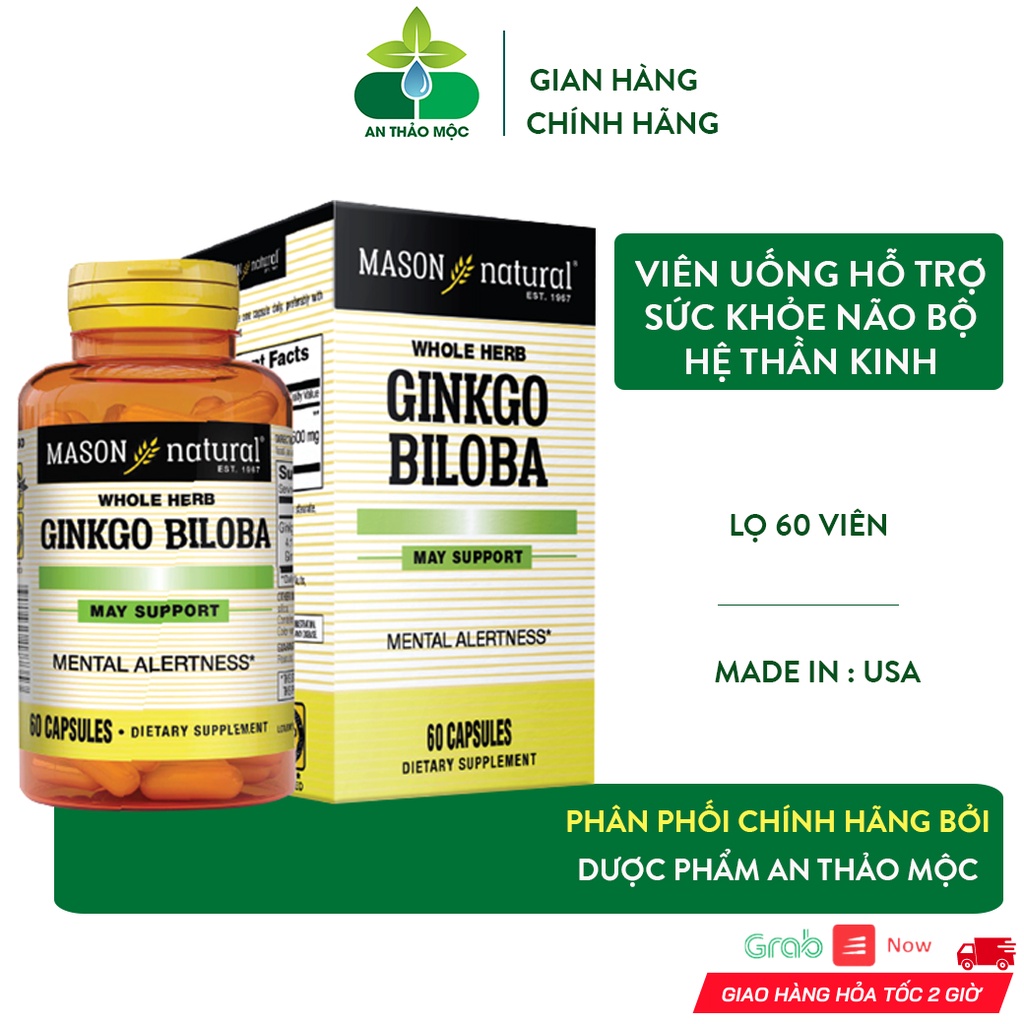 Viên Uống Mason Natural Ginkgo Biloba Tăng Cường Chức Năng Bộ Não, Hệ Thần Kinh Lọ 60 Viên